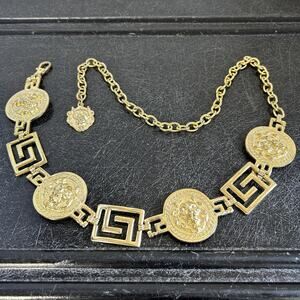 Vintage 3D Lion Head Crest Medallion Greek Key Linked Chain Belt